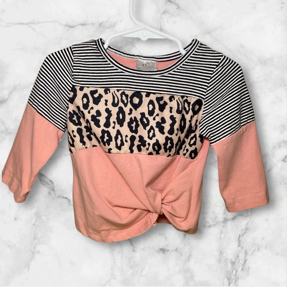 Toddler Girl Striped & Leopard Print Knot Front Top